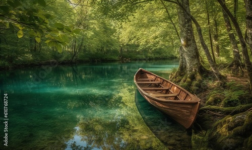  a boat is sitting on the shore of a river in the woods near the shore of a river with clear blue water and green trees. generative ai