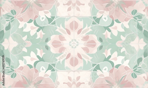 Wallpaper Mural  a pink and green floral tile pattern with a white center and green leaves on the bottom of the tile, with a light green center and pink center.  generative ai Torontodigital.ca