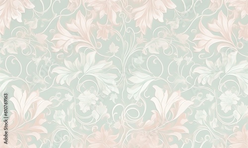  a wallpaper with a floral design on a light green background with a light pink flower pattern on the left side of the image and a light green background with a.  generative ai