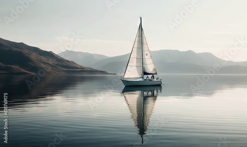  a sailboat floating on a lake with mountains in the background and a cloudy sky in the foreground with a reflection of the sailboat on the water. generative ai