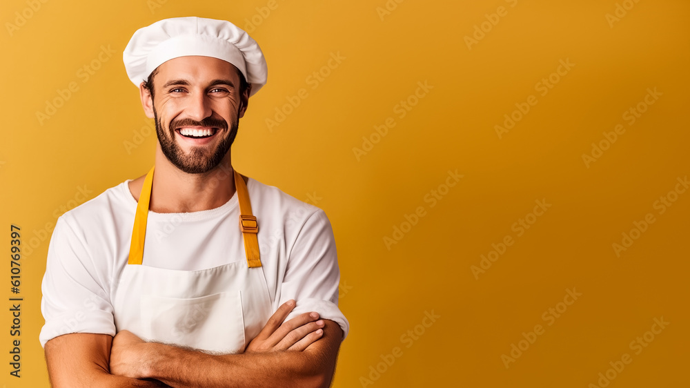 Portrait of smiling american male chef, on a solid background, copy space, mockup, a fictional AI-generated person, Generative AI
Portrait of smiling american male chef, on a solid background, copy space, mockup, a fictional AI-generated person, Generative AI