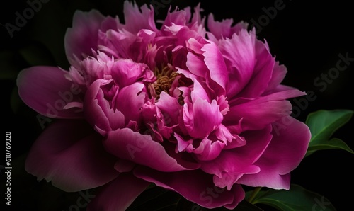  a large pink flower with green leaves on a black background with a dark background and a green stem in the center of the flower is a bud. generative ai