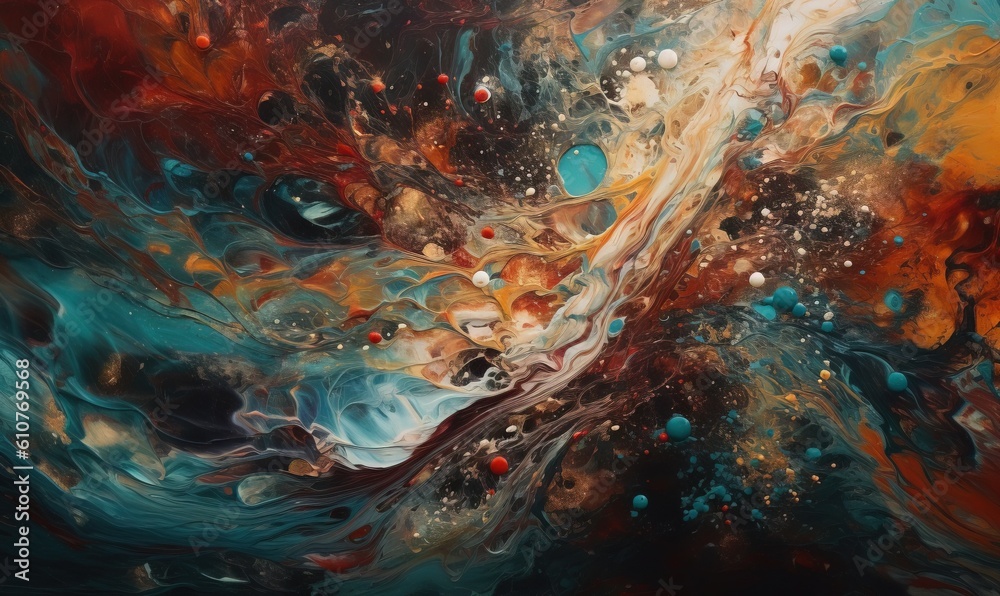 Naklejka premium an abstract painting of a blue, orange, and white swirl with bubbles and bubbles on it's surface, with a black background of blue, red, orange, yellow, blue, black, white,. generative ai