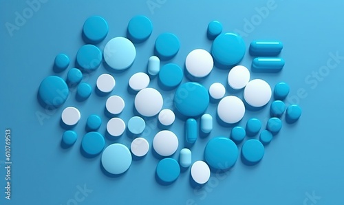  blue and white pills on a blue background with space for a text or image to put on a card or brochure or book.  generative ai