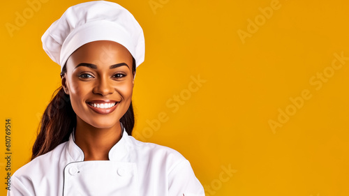 Portrait of smiling american female chef, on a solid background, copy space, mockup, a fictional AI-generated person, Generative AI 