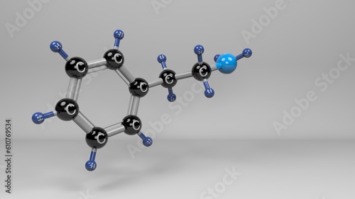 Phenylethylamine Molecule. Molecular structure of 2-phenylethylamine, central nervous system stimulant related to psychoactive compounds such as amphetamines and catecholamines. photo