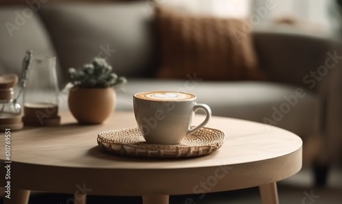 Canvastavla a cup of coffee sitting on top of a wooden table next to a couch and a potted plant on top of a wooden table