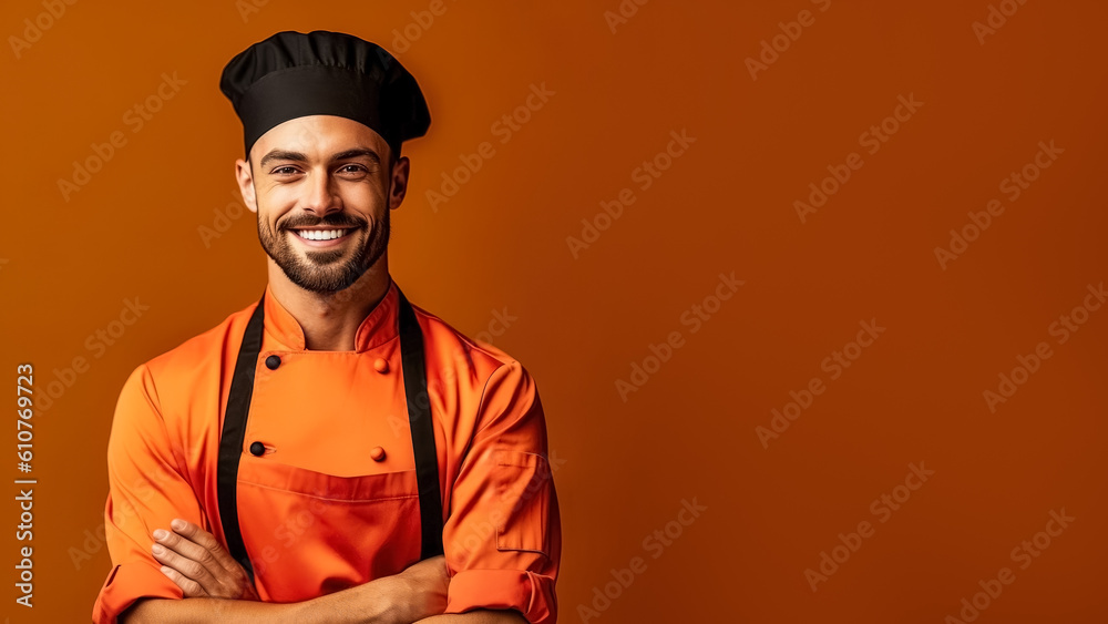 Portrait of smiling german male chef, on a solid background, copy space, mockup, a fictional AI-generated person, Generative AI	
