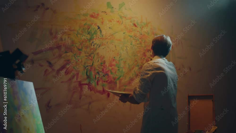 Young and talented artist man in the art studio using fingers to painting the wall picture contemporary concept he holding his colour palette on hand Young and talented artist man in the art studio using fingers to painting the wall picture contemporary concept he holding his colour palette on hand