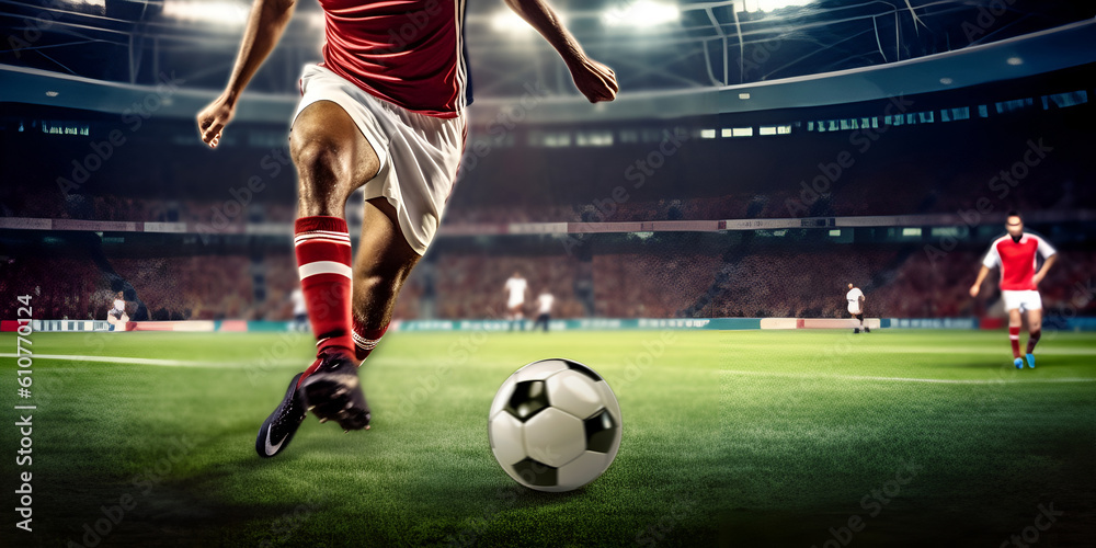 Professional football or soccer player in action on stadium with  flashlights, kicking ball for winning goal, wide angle. Concept of sport,  competition, motion, overcoming. Field presence effect. Stock Photo