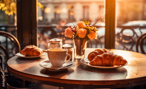 Fotografiet Barista's Delight: Inviting bar table with coffee and croissants, perfect for restaurant menus