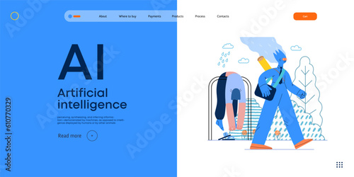 Artificial intelligence illustration. Job -modern flat vector concept illustration -AI going to work instead of human, upset woman stays home. AI metaphor, advantage, superiority and dominance concept