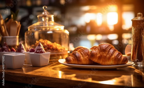 Barista's Delight: Inviting bar table with coffee and croissants, perfect for restaurant menus. Soft lights, create a cozy and relaxing atmosphere.generative AI,