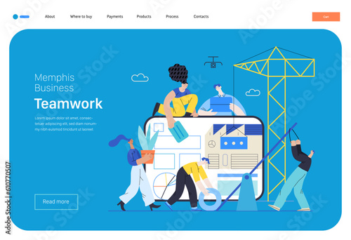 Memphis business illustration. Teamwork -modern flat vector concept illustration of people working together, building a company website, collaboration concept. Commerce business sales metaphor.