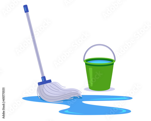 wash the floor with a mop and a bucket of water. flat vector illustration.