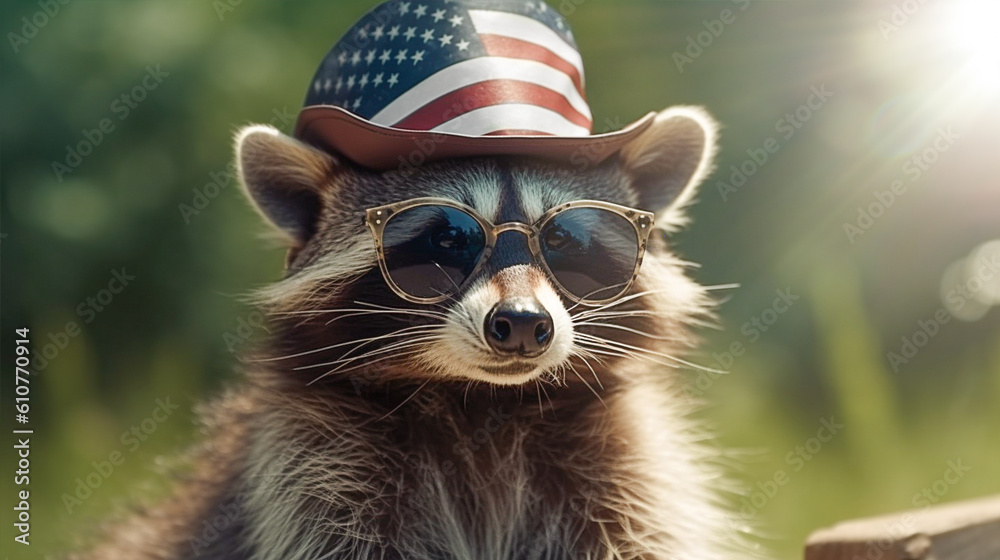 funny cute raccoon in glasses and a top hat with the symbols of the American flag. American Independence Day, July 4th. - obrazy, fototapety, plakaty 