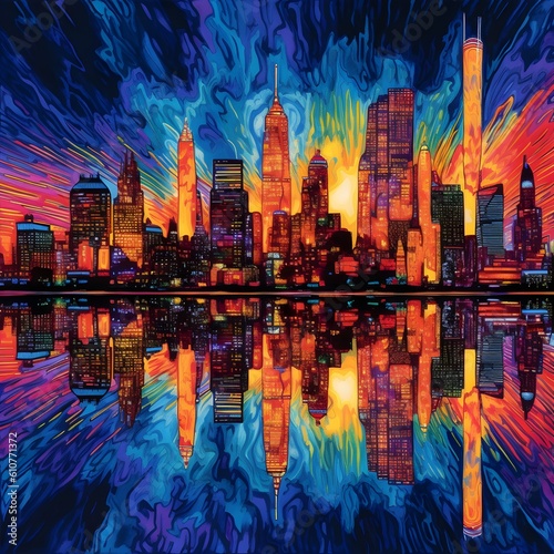 New York City Skyline Illuminated by City Lights Reflecting on the Water