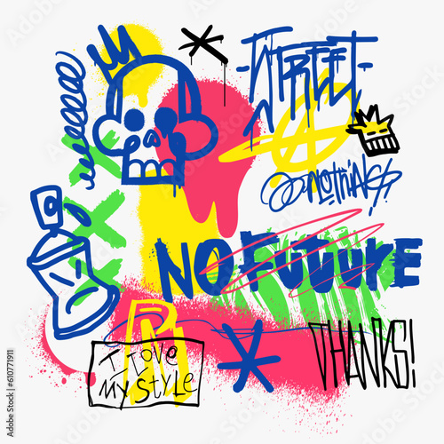 Abstract wall scribbles background. Street art graffiti texture with tags, drawings, inscriptions and spray paint stains. Ideal for poster, t-shirt print, textile, interior design. Vactor eps 10.