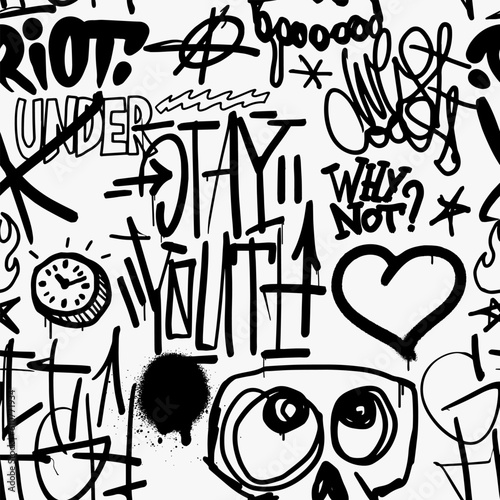 Graffiti seamless pattern design with tags, inscriptions and spray paint lettering. Street art texture. Ideal for printing on clothes, wall decoration. Vector illustration