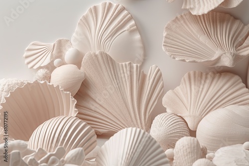 A neutral beige and white seashell background. Generative AI
