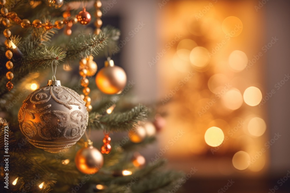 Christmas decoration. Christmas balls hanging on pine branches Christmas tree garland and ornaments over abstract bokeh background with copy space. Generative ai Christmas decoration. Christmas balls hanging on pine branches Christmas tree garland and ornaments over abstract bokeh background with copy space. Generative ai