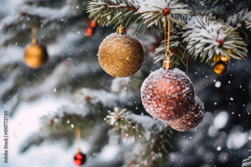 Christmas decoration. Christmas balls hanging on pine branches Christmas tree garland and ornaments over abstract bokeh background with copy space. Generative ai