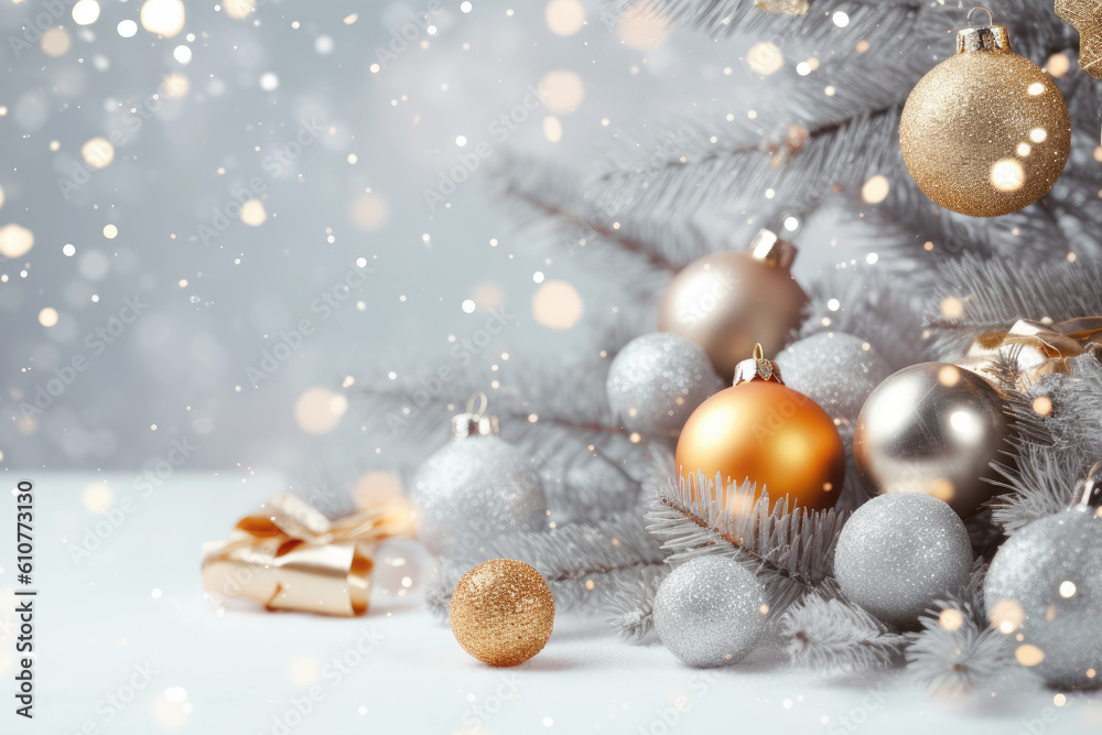 Christmas decoration. Gift boxes and Christmas balls on table and ornaments over abstract bokeh background with copy space. Generative ai Christmas decoration. Gift boxes and Christmas balls on table and ornaments over abstract bokeh background with copy space. Generative ai