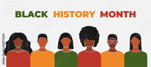 Black History Month banner.  Diverse black people. Vector faceless Illustration