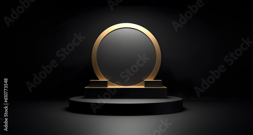 Abstract minimal concept. Luxury black with glossy gold rim round podium on background. Mock up template for product presentation. copy text space