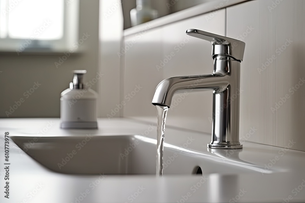 horizontal photo close up tap water in a modern white kitchen concept ecology economy water generative ai horizontal photo close up tap water in a modern white kitchen concept ecology economy water generative ai