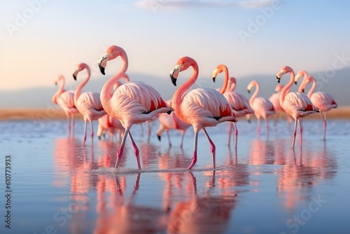 horizontal photo group pink flamingos on the salt lake generative ai