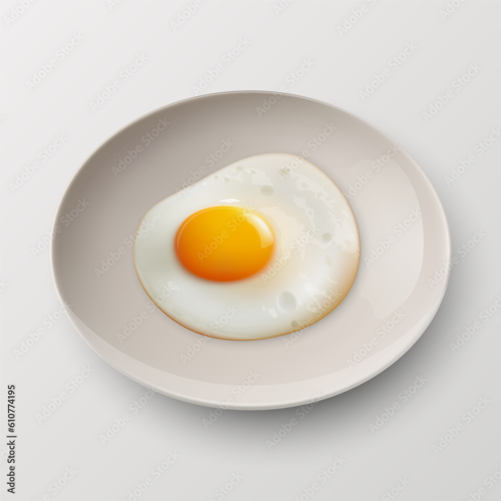 Vector 3d Realistic White Plate, Dish with Fried Egg, Omelet Inside Isolated on White Background. Healthy Breakfast, Protein Food, Diet Meal Concept. Design Template, Mockup. Top, Side View Vector 3d Realistic White Plate, Dish with Fried Egg, Omelet Inside Isolated on White Background. Healthy Breakfast, Protein Food, Diet Meal Concept. Design Template, Mockup. Top, Side View