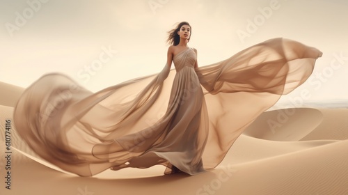 Valokuva Fashion model in desert sand. Illustration AI Generative.