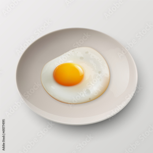 Vector 3d Realistic White Plate, Dish with Fried Egg, Omelet Inside Isolated on White Background. Healthy Breakfast, Protein Food, Diet Meal Concept. Design Template, Mockup. Top, Side View