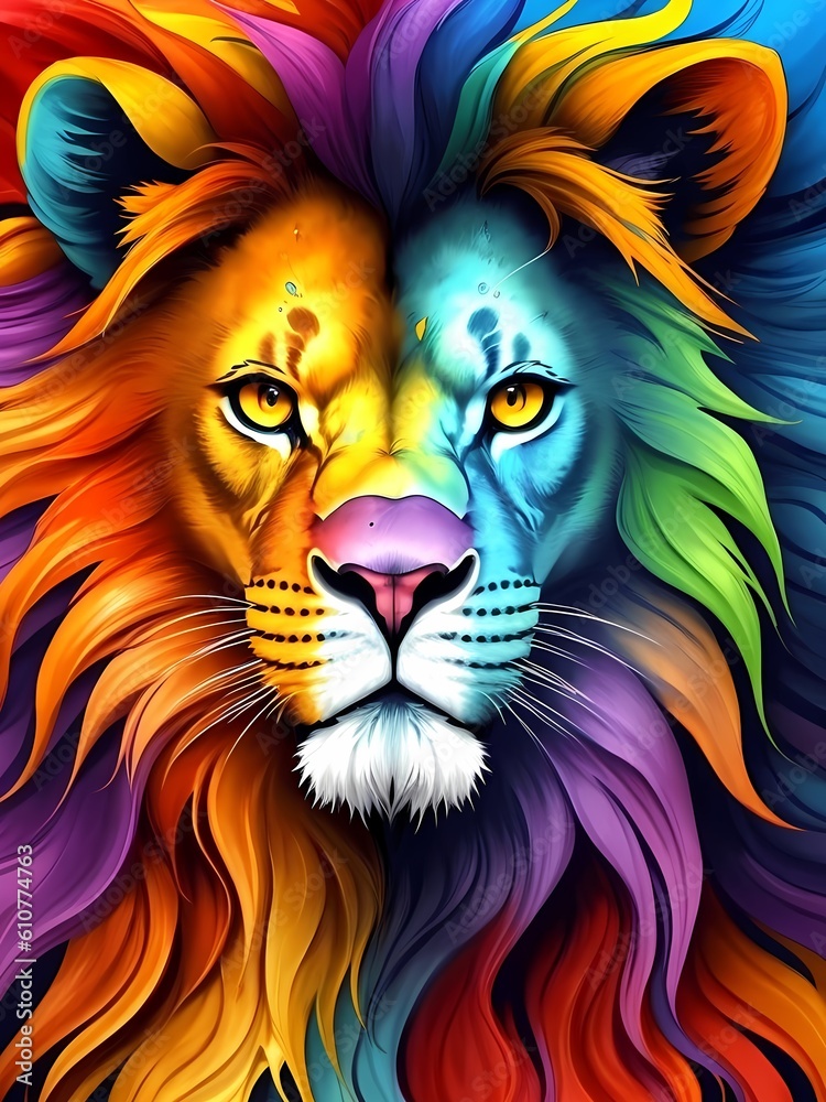 colorful blue lion portrait head on multicolored background in aquarelle style, creative abstract background with rainbow watercolor painting. Generative AI