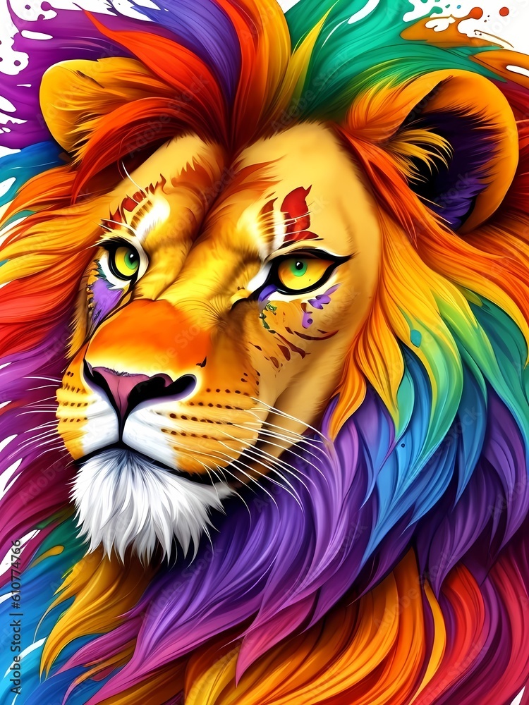 Colorful lion face head on multicolored background in aquarelle style, creative abstract background with rainbow watercolor painting. Generative AI