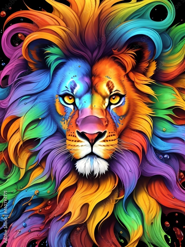 Colorful lion portrait head on multicolored background in aquarelle style, creative abstract background with rainbow watercolor painting. Generative AI