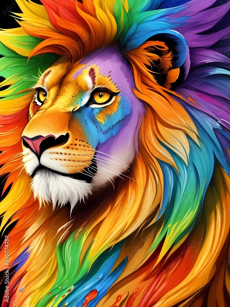 Colorful orange red lion face head on multicolored background in aquarelle style, creative abstract background with rainbow watercolor painting. Generative AI