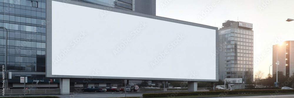 Blank advertising billboard in a large scale square size in front of office building, banner, generative AI Blank advertising billboard in a large scale square size in front of office building, banner, generative AI