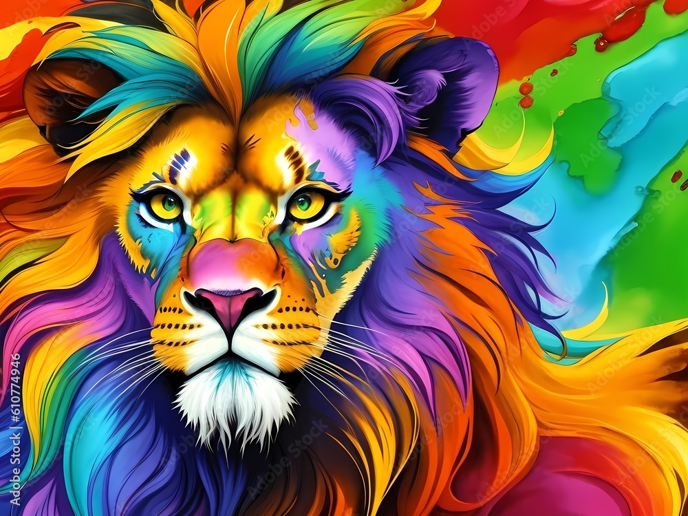 Colorful orange blue purple lion face head on multicolored background in aquarelle style, creative abstract background with rainbow watercolor painting fluid liquid. Generative AI