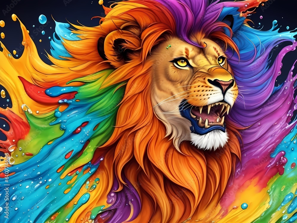 Colorful orange blue purple lion portrait head on multicolored background in aquarelle style, creative abstract black background with rainbow watercolor painting sea wave. Generative AI
