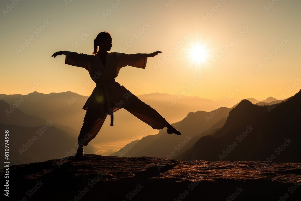 Woman practicing martial arts on the top of a mountain. Generative AI
