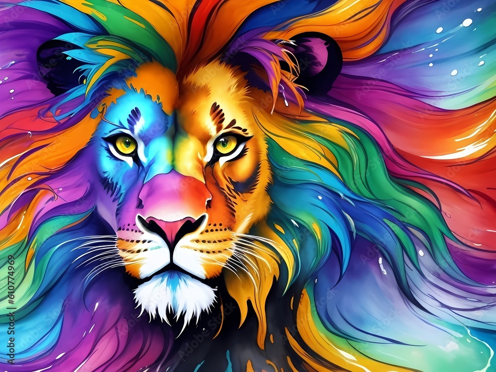 Colorful lion portrait head on multicolored background in aquarelle style, creative abstract background with rainbow orange purple blue watercolor painting. Generative AI