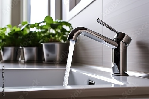 water is pouring from the tap in the kitchen in the bathroom problems of lack of clean water generative ai