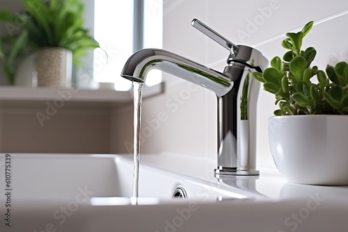 water is pouring from the tap in the kitchen in the bathroom problems of lack of clean water generative ai