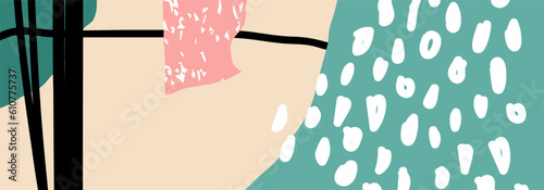 Trendy social media banner template with abstract organic shapes composition in contemporary collage minimal style, vector illustration