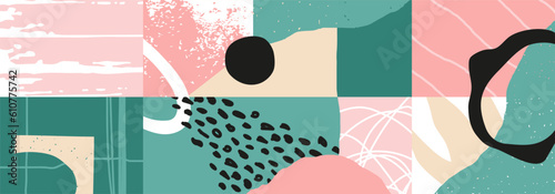 Trendy social media banner template with abstract organic shapes composition in contemporary collage minimal style, vector illustration