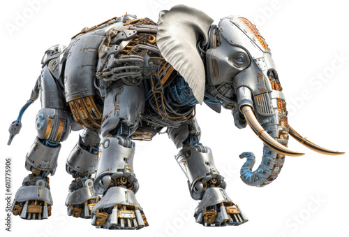 Robot elephant as mechanical cyber animal isolated on white background as transparent PNG, generative AI technology