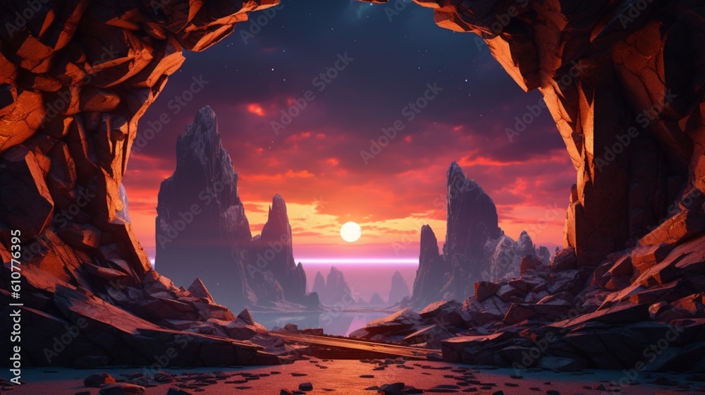Celestial Echoes in Neon: A Surreal, 3D-Rendered Abstract Futuristic Wallpaper Blending the Radiance of Sunset or Sunrise with a Glowing Neon Portal Amidst a Mystical Landscape, Captured through the P