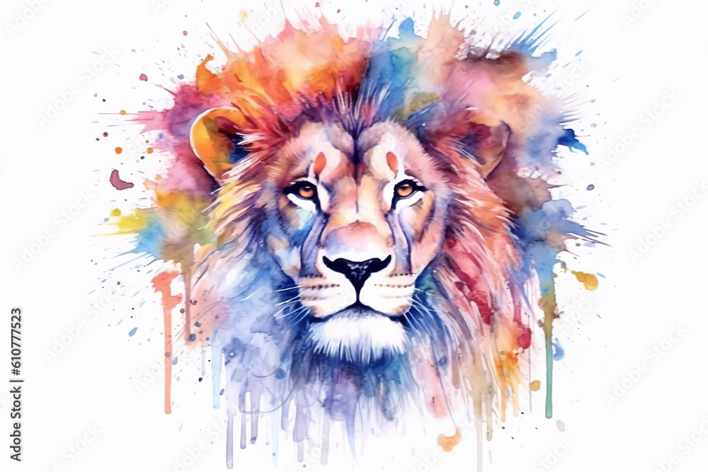 Colorful watercolor drawing of a male lion. Animal illustration. Generative AI